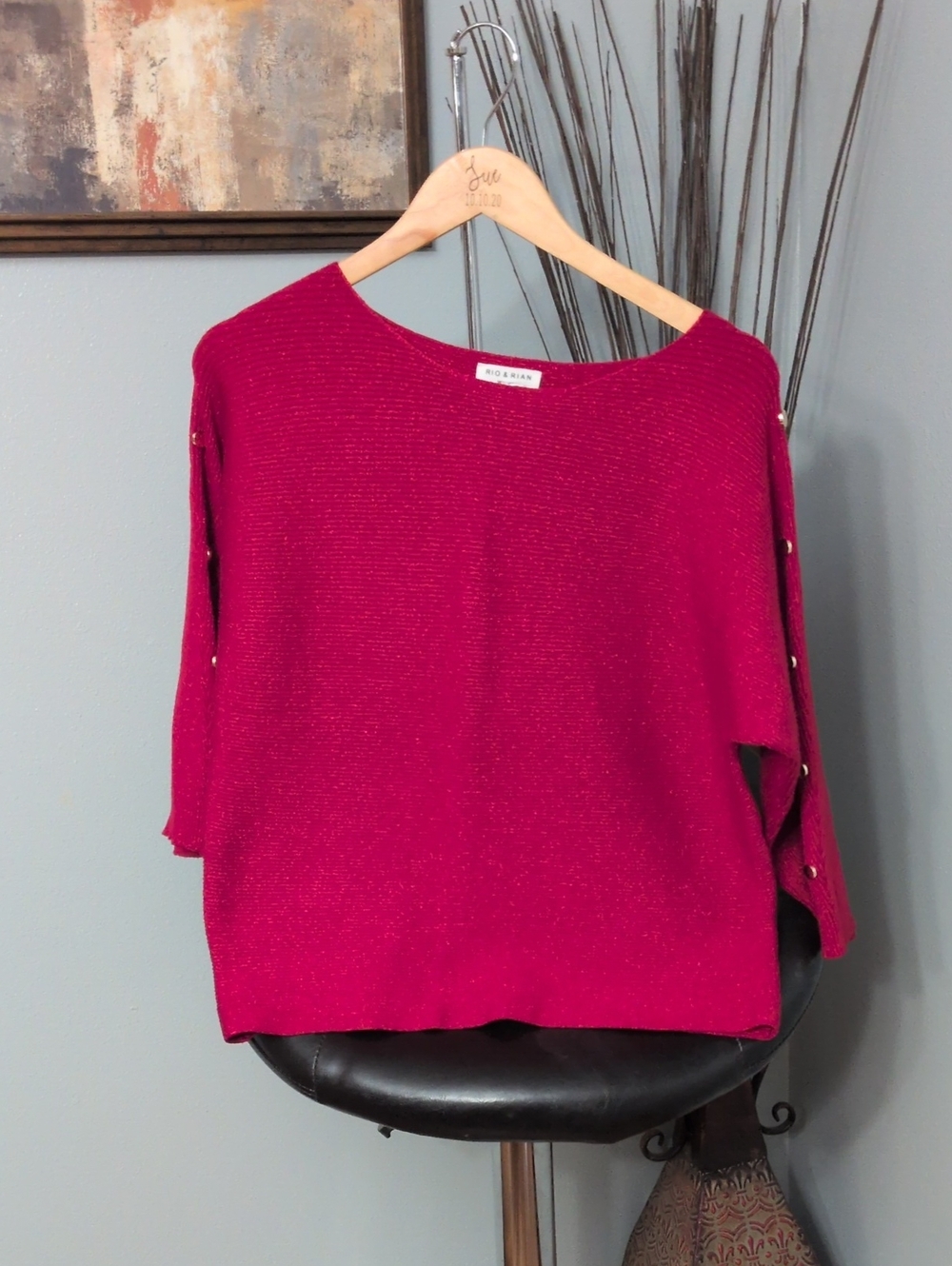 Rio & Rian Women's Red Button-Trim Boatneck Sweater with Sparkle